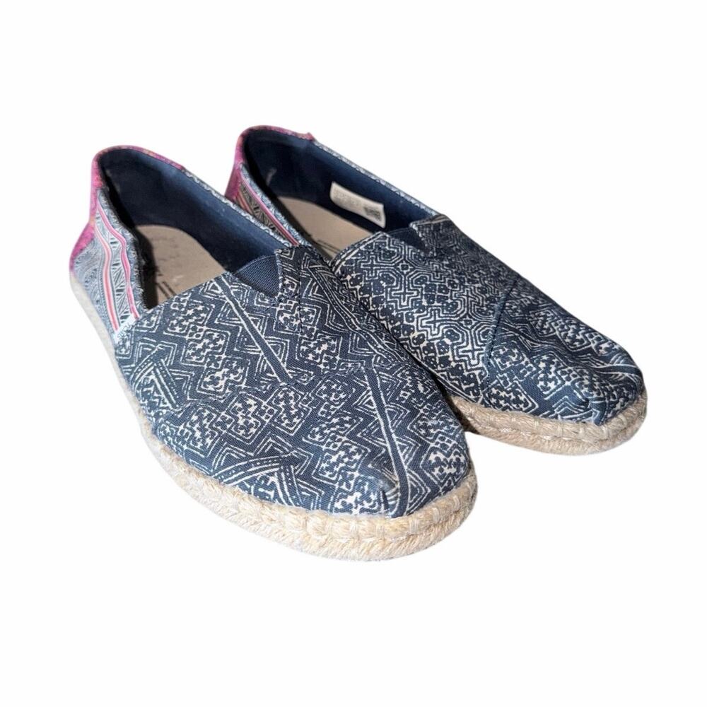 TOMS Womens 8 Classic Alpargata Espadrille Blue Boho Tribal Print Slip On Shoes